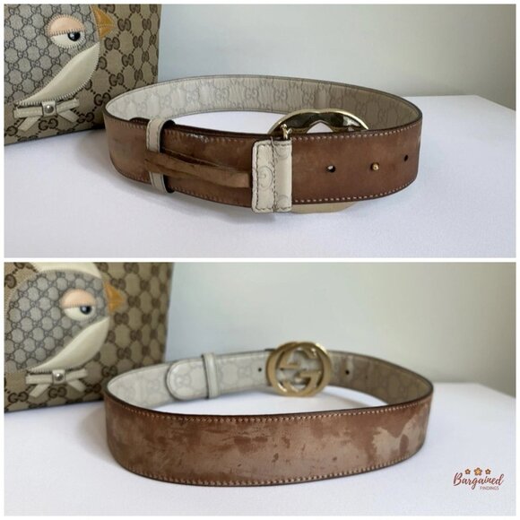 Authentic Gucci Cream Guccissima Leather Gold Interlocking G Buckle Belt 75/30 - Picture 5 of 13